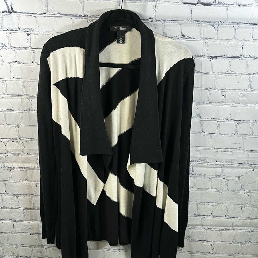 White House Black Market Black Ivory Geometric Open Front Cardigan Wool Blend S